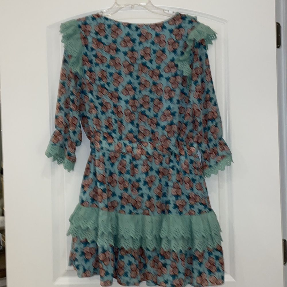The Shirt By Rochelle Behrens Floral Blue Eyelet Mini Dress Size Large - Picture 5 of 5